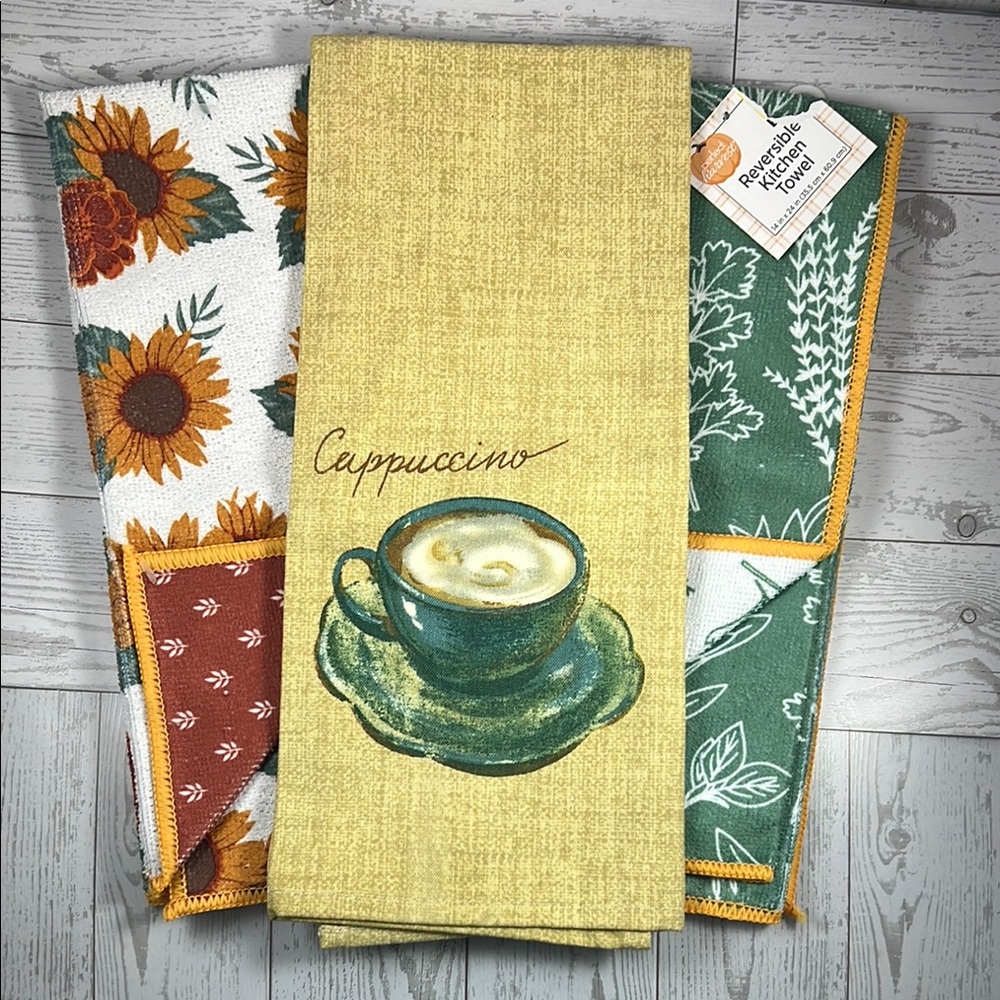Three Kitchen Towel Set - Leaves, Sunflowers, and Cappuccino